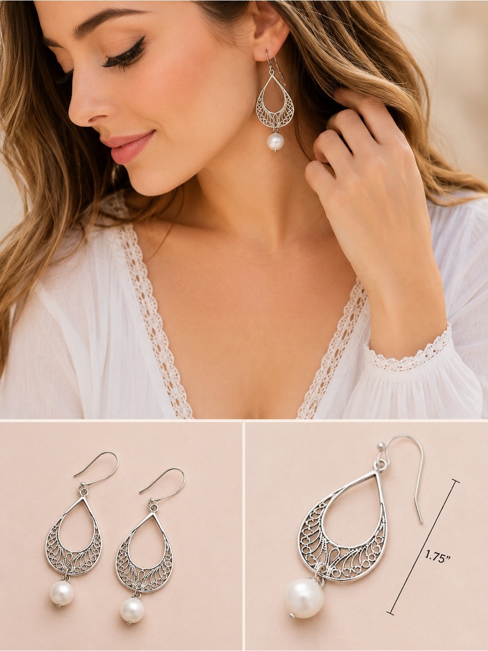Artisan 925 Silver Filigree Teardrop Earrings with White Pearl chandelier hoops